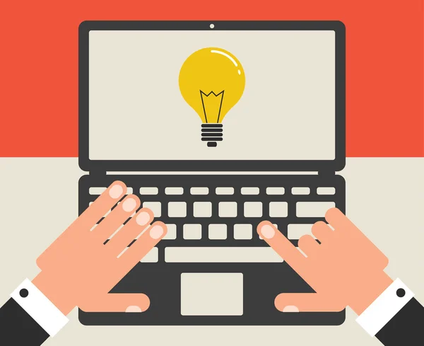 Zakelijke laptop en idee light bulb, platte ontwerp vector — Stockvector