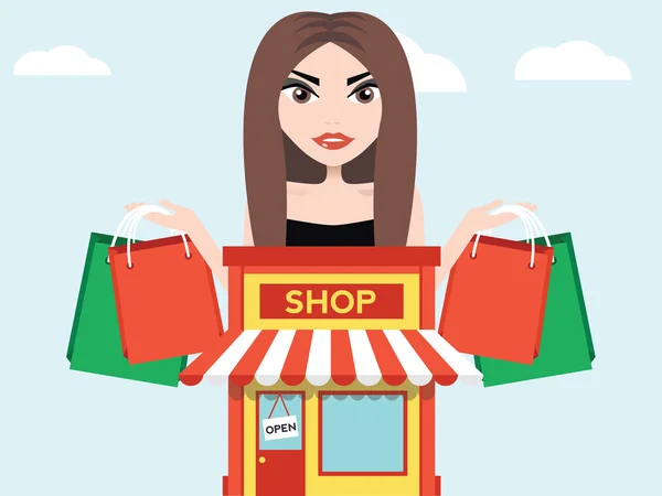 Shopping woman with bag and front of shop — Stock Vector