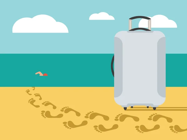 Летний фон с пляжем, морем и чемоданом — стоковый вектор