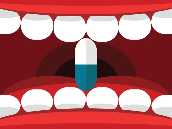 Tableta píldora médica en la boca abierta vector ilustración — Archivo Imágenes Vectoriales