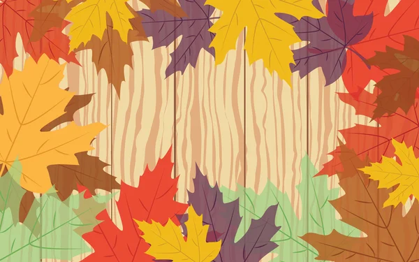 Folhas de outono coloridas na prancha de madeira, vetor —  Vetores de Stock