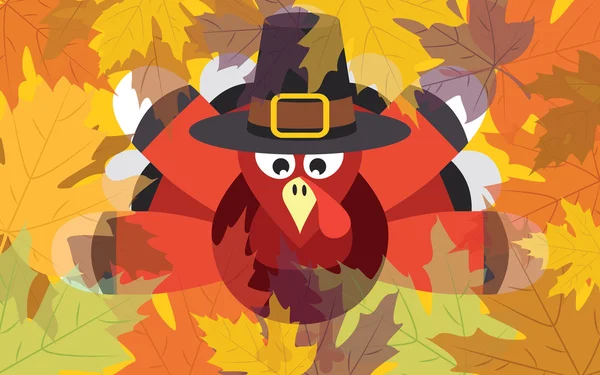 Pavo de Acción de Gracias con hojas de otoño tarjeta vectorial — Vector de stock