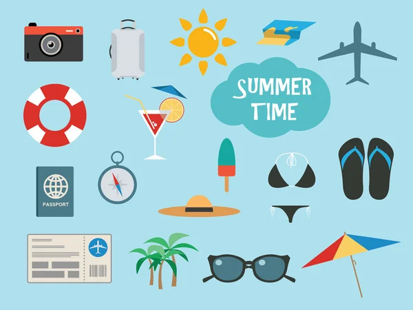 Hora de verano con accesorios de vacaciones o iconos — Archivo Imágenes Vectoriales