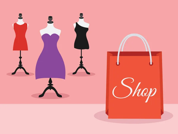 Maniquíes con vestidos y bolsa de compras, vector — Vector de stock