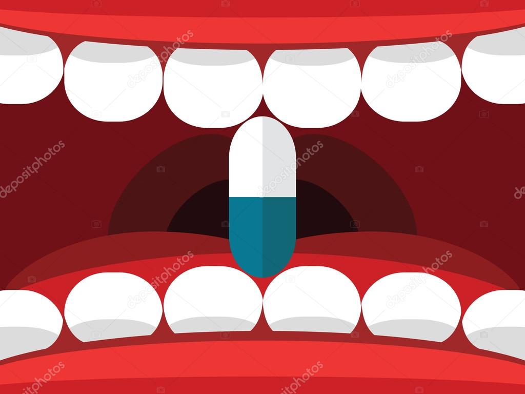 Medical pill tablet in open mouth vector illustration