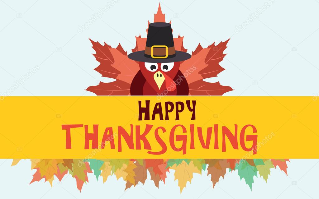 Happy thanksgiving turkey with leaves, vector card