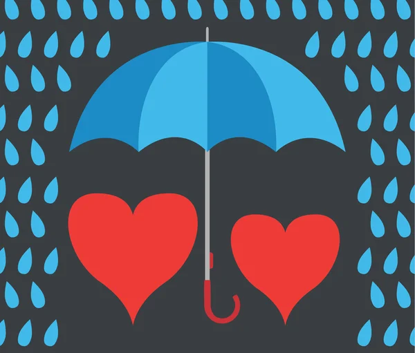 Amor corazones caminando bajo paraguas en la lluvia — Vector de stock