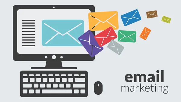 Business Computer mit E-Mail Marketing. Vektor-Online-Werbung — Stockvektor
