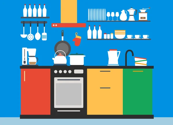 Interior de la cocina, ilustración vectorial con iconos — Vector de stock