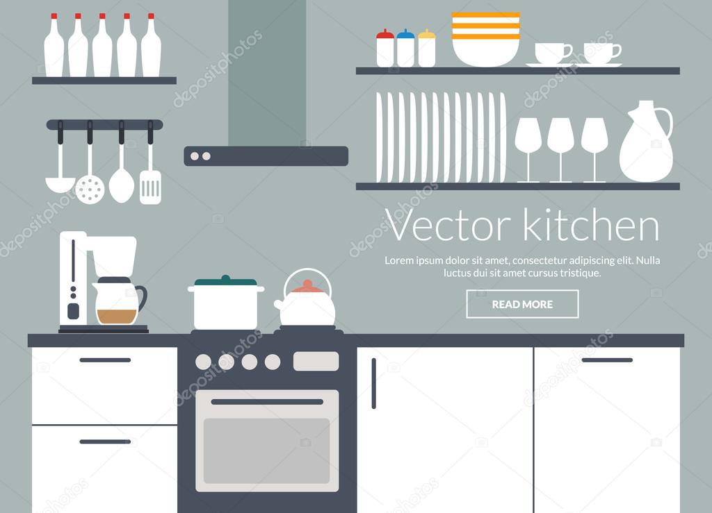 Kitchen interior vector illustriation card