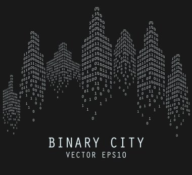 Binary code in form of futuristic city, vector clipart