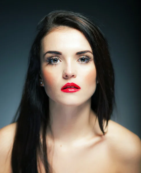 Natural woman face with red lips and long hair — Stock Photo, Image