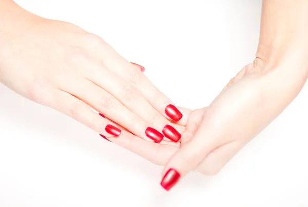 Mano donna con unghie rosse, concetto di manicure — Foto Stock