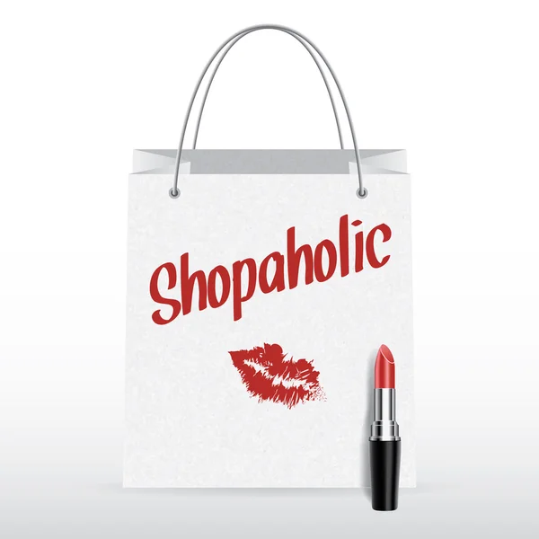 Bolsa de compras vectorial con lápiz labial Concepto Shopaholic — Archivo Imágenes Vectoriales