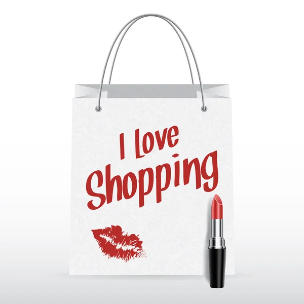 Vektorové nákupní tašku s rtěnkou miluji nakupování — Stockový vektor