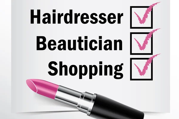 在上面用口红，美发师美容师购物概念的女人选择框内划勾 — 图库矢量图片