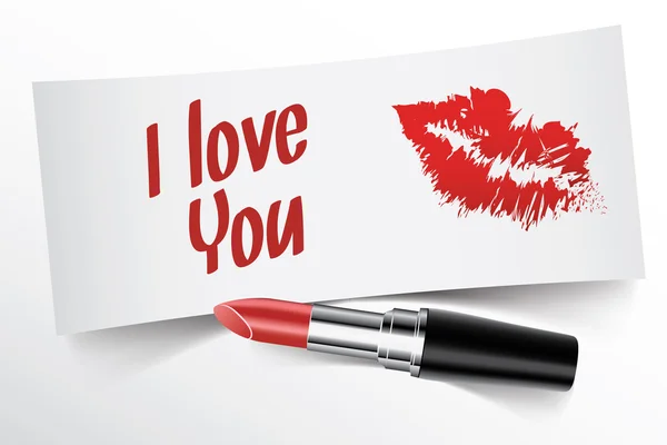 Te amo Escrito en nota por lápiz labial con beso — Vector de stock