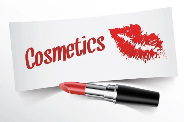 Cosmetica geschreven op Opmerking door lippenstift met kiss — Stockvector