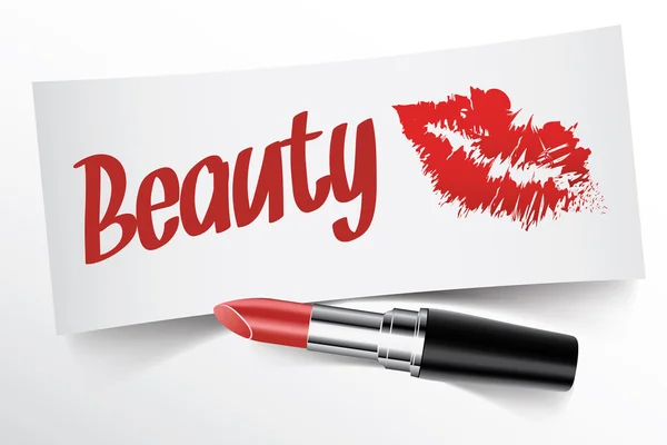 Beauty written on note by lipstick with kiss — Stock Vector