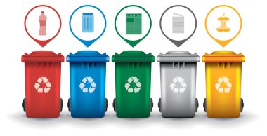Colorful recycle trash bins with garbage icons vector set clipart