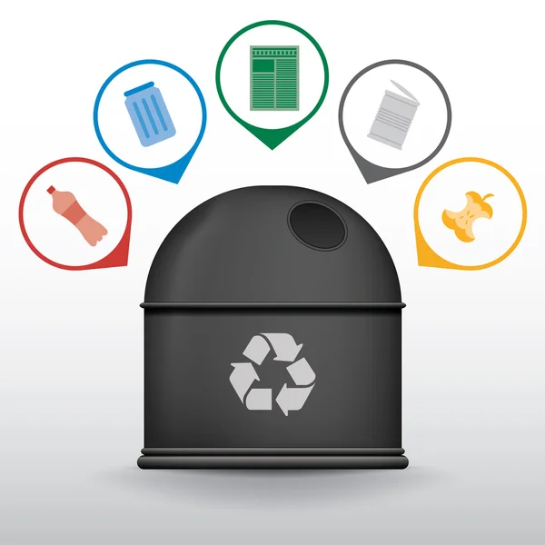 Recycling-Abfallbehälter mit Müll-Icons Vektor-Set — Stockvektor