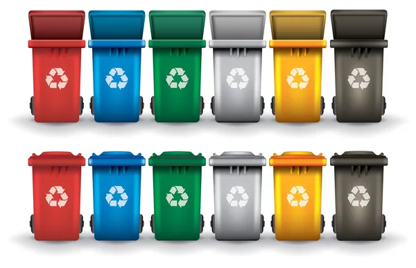 Ensemble de vecteurs blancs isolés de poubelles recyclables colorées — Image vectorielle