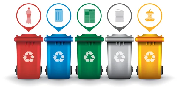 Bunte Recycling-Mülleimer mit Müll-Symbolen Vektor-Set — Stockvektor