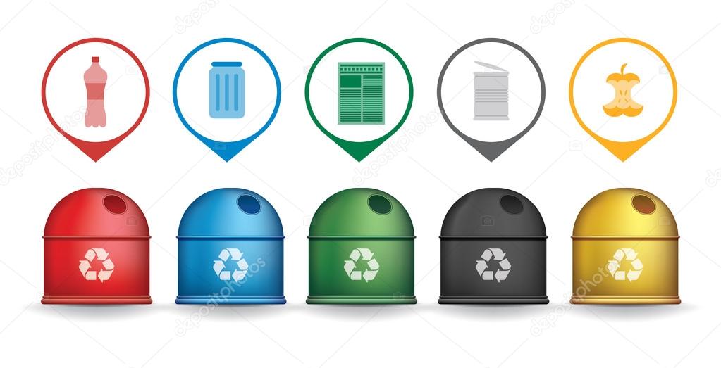 Recycle trash containers with garbage icons vector set