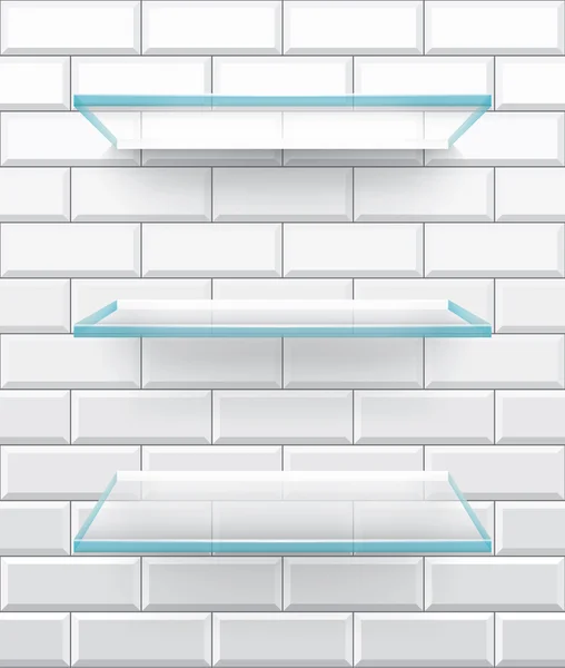 Bathroom glass shelves on white brick tiles, vector — Stock Vector