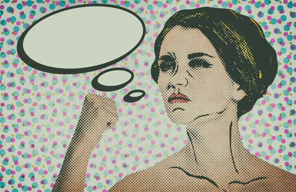 Pop art comic style woman with speech bubble — Stock Photo, Image