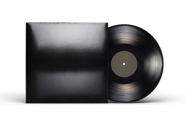 Beyaz arka planda boş siyah karton kapaklı vinil LP kaydı. Tasarım şablonunu düzenle. 