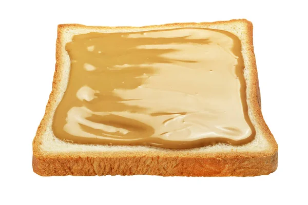 Plak Geroosterd Brood Met Pindakaas Geïsoleerd Witte Achtergrond — Stockfoto