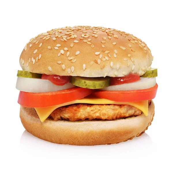 Sajtburger Marhahússal Savanyúság Sajt Paradicsom Hagyma Ketchup Izolált Fehér Alapon — Stock Fotó