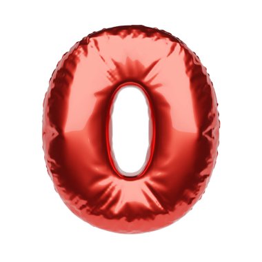 Beyaz arka planda izole edilmiş kırmızı şişme balondan yapılma 0 numara. 3B resimleme.
