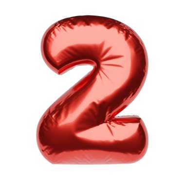 Beyaz arka planda izole edilmiş kırmızı şişirilebilir balondan 2 numara. 3B resimleme.