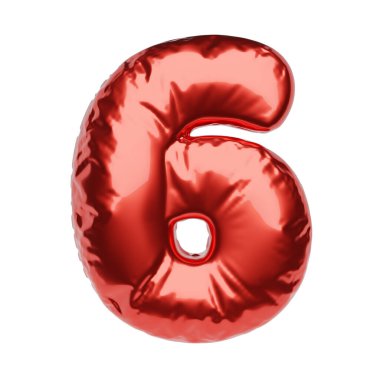 Beyaz arka planda izole edilmiş kırmızı şişirilebilir balondan 6 numara. 3B resimleme.