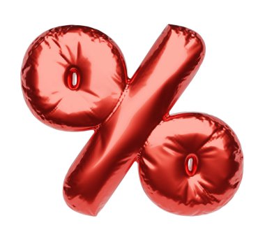 Beyaz arka planda izole edilmiş kırmızı şişirilebilir balondan yapılmış yüzde işareti. 3B resimleme.