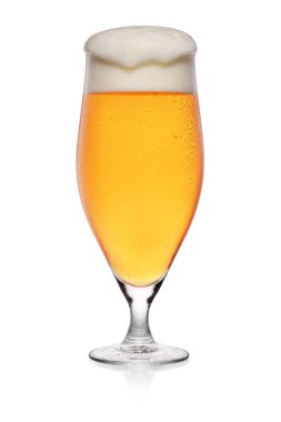Beyaz arka planda izole edilmiş tam sisli açık sarı bira bardağı.