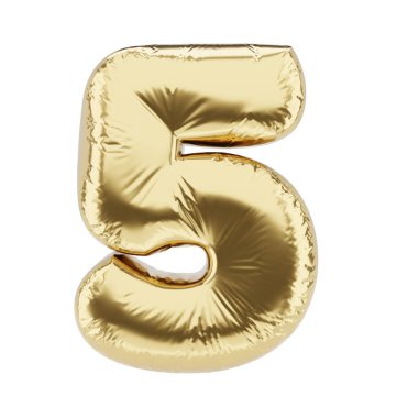 Beyaz arka planda izole edilmiş 5 numaralı altın folyo şişirilebilir balon. 3B resimleme.