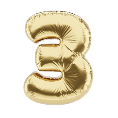 Beyaz arka planda izole edilmiş 3 numaralı altın folyo şişirilebilir balon. 3B resimleme.