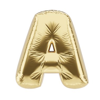 A harfi beyaz arka planda izole edilmiş altın folyodan yapılmış şişirilebilir balon. 3B resimleme.