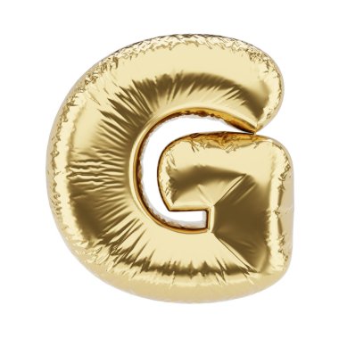 Beyaz arka planda izole edilmiş altın folyodan yapılmış G harfi şişirilebilir balon. 3B resimleme.