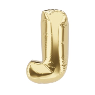J harfi beyaz arka planda izole edilmiş altın folyodan yapılmış şişirilebilir balon. 3B resimleme.