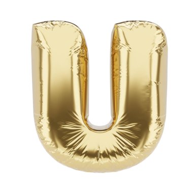 Beyaz arka planda izole edilmiş, altın folyodan yapılmış şişirilebilir balondan U harfi. 3B resimleme.