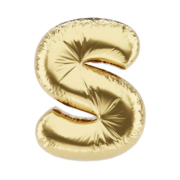 白い背景に孤立した金色の箔インフレータブル気球で作られた手紙S 3Dレンダリング図 — ストック写真
