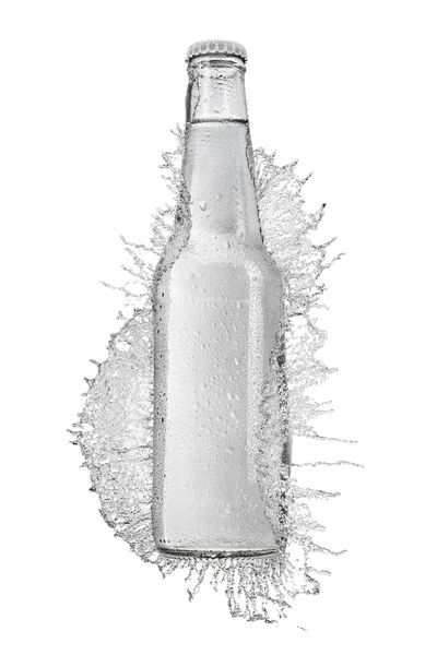 Transparent Glass Bottle Label Still Water Splash Isolated White Background — Stock Photo, Image