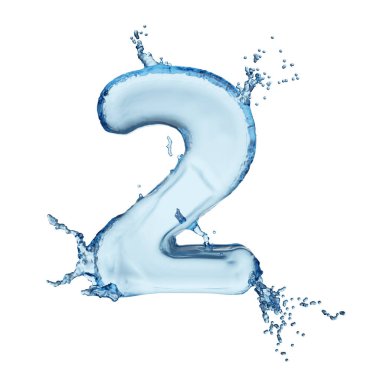 Rakam 2 mavi su sıçrama alfabesi beyaz arka planda izole edildi. 3B resimleme.