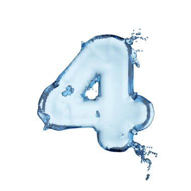 Rakam 4 mavi su sıçrama alfabesi beyaz arka planda izole edildi. 3B resimleme.