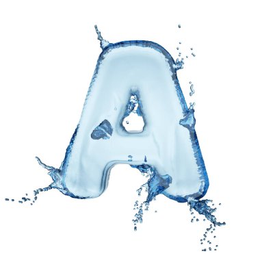 Mavi su sıçrama alfabesi beyaz arka planda izole edilmiş. 3B resimleme.