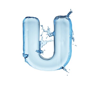 U mavi su sıçrama alfabesi beyaz arka planda izole edilmiş. 3B resimleme.